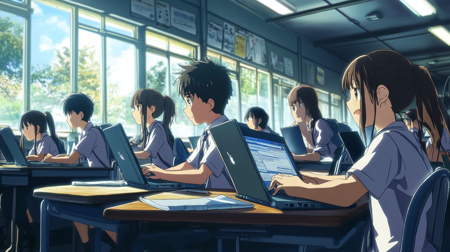 students using laptops in a classroom